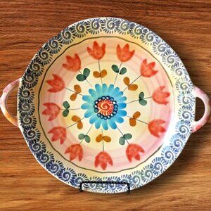 Majolica Painted Shallow Handled Dish Bowl Marked made Italy Display Pasta Salad